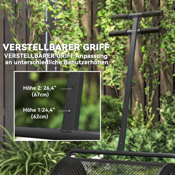 Compoststrooier 300l 61x40cm meststrooier gazon tuin tuinstrooier met t handvat gaasmand metaal zaadstrooier veenmosstrooier grasstrooier grasverzorging voor compost, mest meststof zaad zwart 7