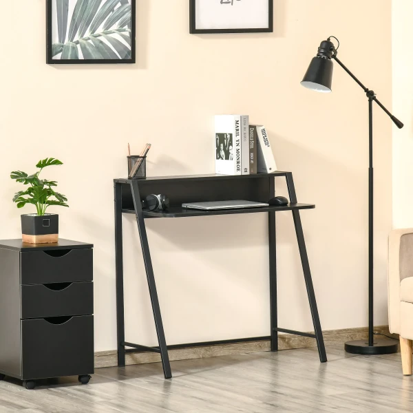 Computertafel stijlvolle bureau met opbergruimte en kabelbeheer, metaal zwart 84x45x85cm voor thuis kantoor en werkkamer 2