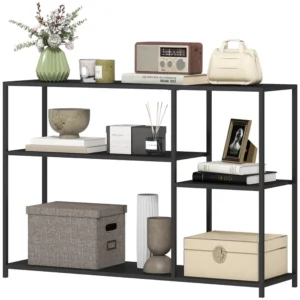 Console tafel gangtafel met 4 planken, bijzettafel met stalen frame, metalen rek voor kleine ruimte, entree, gang, woonkamer, 110 x 30 x 75 cm zwart 1