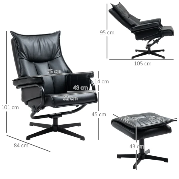 Draaibare fauteuil met ligfunctie relaxfauteuil tv fauteuil met kruk kantelbare rugleuning kunstleer staal zwart 4