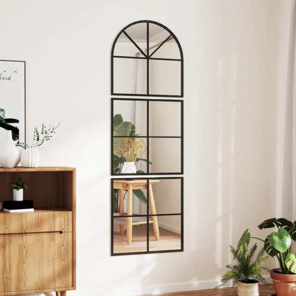 Driedelige wandspiegel, boogvormige spiegel met metalen frame, decoratieve hangspiegel, vensterspiegel voor badkamer woonkamer zwart 2