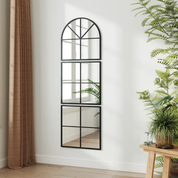 Driedelige wandspiegel, boogvormige spiegel met metalen frame, decoratieve hangspiegel, vensterspiegel voor badkamer woonkamer zwart 9