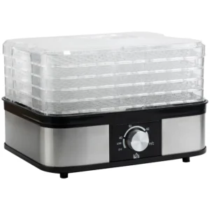 Droogapparaat met 5 lagen en temperatuurregelaar 35 70°c, 12 uur timer voor vlees & fruit, roestvrij staal zilver & transparant, 32x25x29cm 1