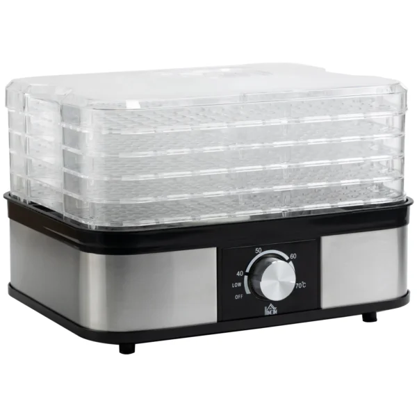 Droogapparaat met 5 lagen en temperatuurregelaar 35 70°c, 12 uur timer voor vlees & fruit, roestvrij staal zilver & transparant, 32x25x29cm 1