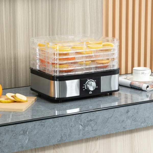 Droogapparaat met 5 lagen en temperatuurregelaar 35 70°c, 12 uur timer voor vlees & fruit, roestvrij staal zilver & transparant, 32x25x29cm 2