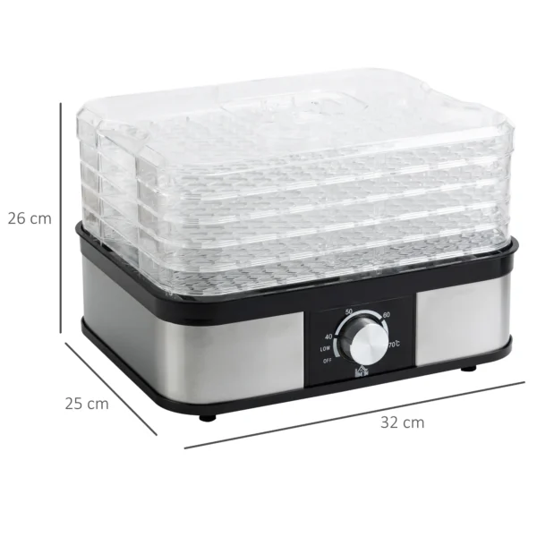 Droogapparaat met 5 lagen en temperatuurregelaar 35 70°c, 12 uur timer voor vlees & fruit, roestvrij staal zilver & transparant, 32x25x29cm 4