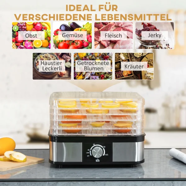Droogapparaat met 5 lagen en temperatuurregelaar 35 70°c, 12 uur timer voor vlees & fruit, roestvrij staal zilver & transparant, 32x25x29cm 5