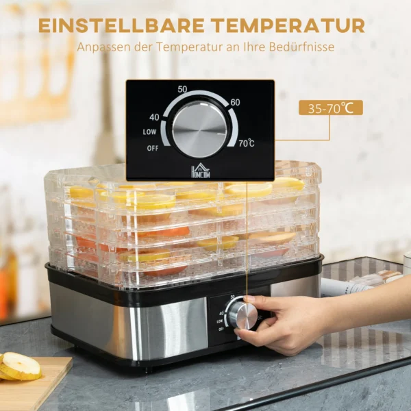 Droogapparaat met 5 lagen en temperatuurregelaar 35 70°c, 12 uur timer voor vlees & fruit, roestvrij staal zilver & transparant, 32x25x29cm 8