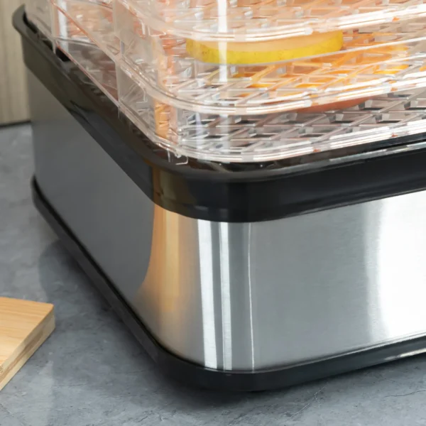 Droogapparaat met 5 lagen en temperatuurregelaar 35 70°c, 12 uur timer voor vlees & fruit, roestvrij staal zilver & transparant, 32x25x29cm 9
