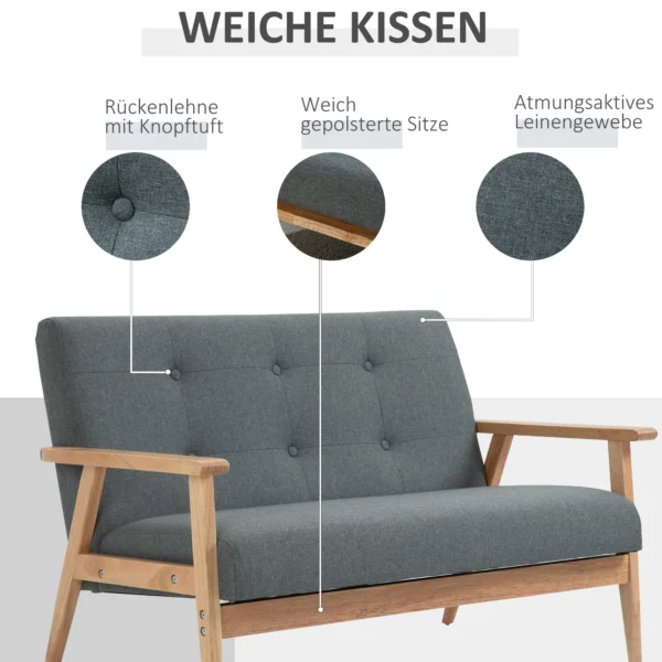 Dubbelbank loveseat 2 zits met bekleding compact ontwerp van linnen en rubberhout grijs 115x66,5x73cm voor woonkamer 5
