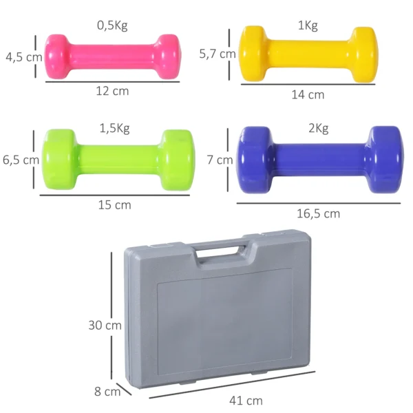 Dumbbell set kort halter set met koffer 4 halterparen 0,5 1 1,5 2 kg draagbaar voor thuis en fitnessruimte ijzer kunststof 4