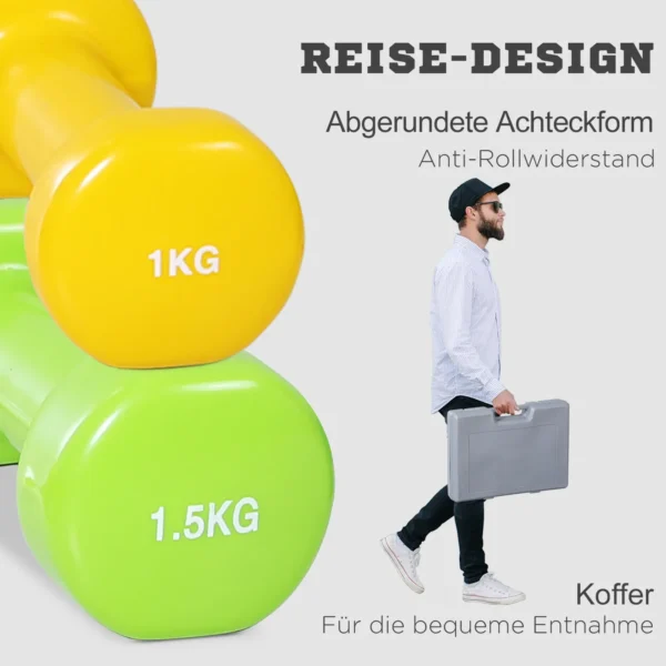 Dumbbell set kort halter set met koffer 4 halterparen 0,5 1 1,5 2 kg draagbaar voor thuis en fitnessruimte ijzer kunststof 7