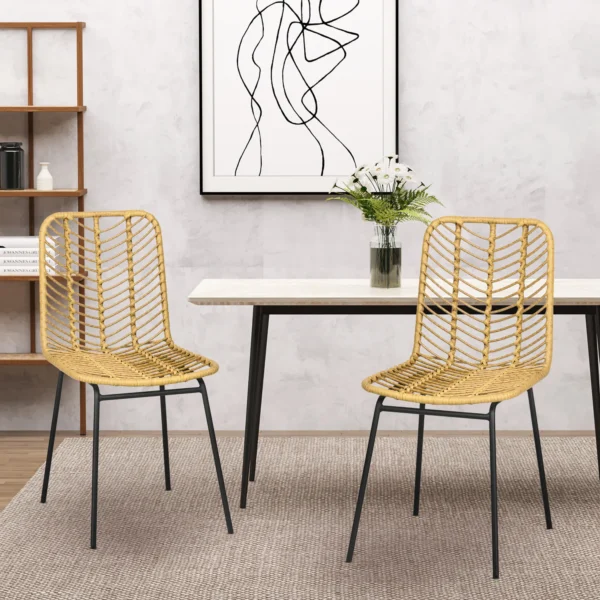 Eetkamerstoel 2 delige set keukenstoel met rugleuning in rattan look, staal, geel, 44x58x85cm voor eetkamer & woonkamer 2