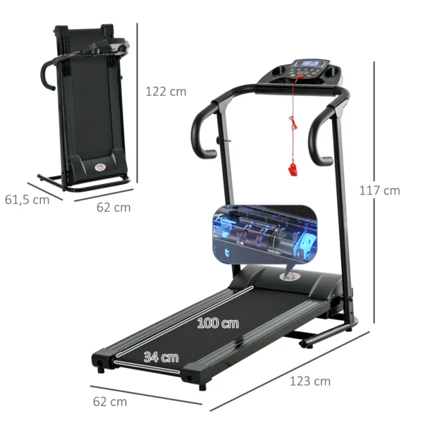 Elektrisch opvouwbare loopband 500w 0,8 10km/u met lcd display & mobiele telefoonhouder in zwart 123x62x117cm voor thuis 4