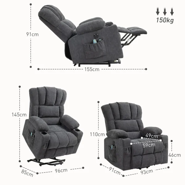 Elektrische tv fauteuil met opsta hulp, relaxfauteuil met lig , verwarmings en massagefunctie, tv fauteuil met type c en usb aansluitingen, bekerhouder, donkergrijs 4