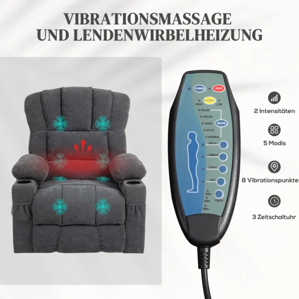 Elektrische tv fauteuil met opsta hulp, relaxfauteuil met lig , verwarmings en massagefunctie, tv fauteuil met type c en usb aansluitingen, bekerhouder, donkergrijs 6
