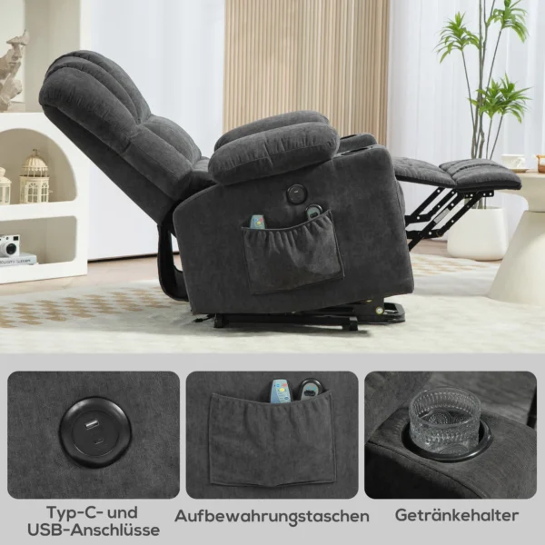 Elektrische tv fauteuil met opsta hulp, relaxfauteuil met lig , verwarmings en massagefunctie, tv fauteuil met type c en usb aansluitingen, bekerhouder, donkergrijs 9