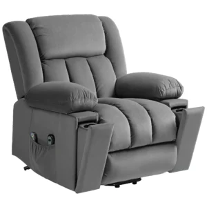 Elektrische tv fauteuil met opsta hulp, relaxfauteuil met massage / verwarmings /ligfunctie, tv fauteuil met bekerhouder, opbergruimte, usb aansluitingen en afstandsbediening, fluweel, donkergrijs 1