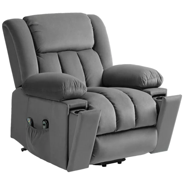 Elektrische tv fauteuil met opsta hulp, relaxfauteuil met massage / verwarmings /ligfunctie, tv fauteuil met bekerhouder, opbergruimte, usb aansluitingen en afstandsbediening, fluweel, donkergrijs 1