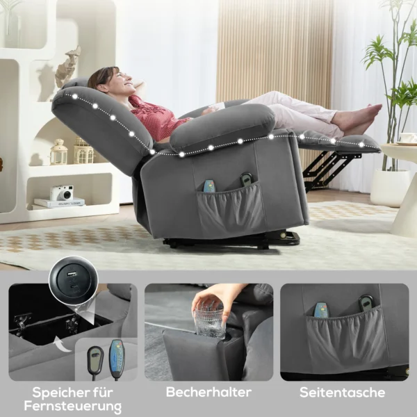 Elektrische tv fauteuil met opsta hulp, relaxfauteuil met massage / verwarmings /ligfunctie, tv fauteuil met bekerhouder, opbergruimte, usb aansluitingen en afstandsbediening, fluweel, donkergrijs 10