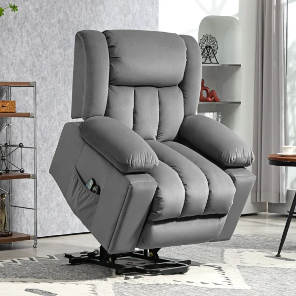Elektrische tv fauteuil met opsta hulp, relaxfauteuil met massage / verwarmings /ligfunctie, tv fauteuil met bekerhouder, opbergruimte, usb aansluitingen en afstandsbediening, fluweel, donkergrijs 2