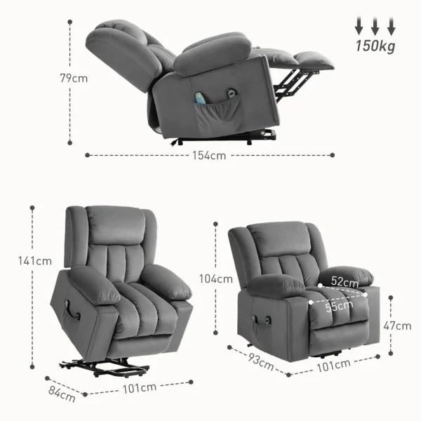 Elektrische tv fauteuil met opsta hulp, relaxfauteuil met massage / verwarmings /ligfunctie, tv fauteuil met bekerhouder, opbergruimte, usb aansluitingen en afstandsbediening, fluweel, donkergrijs 4