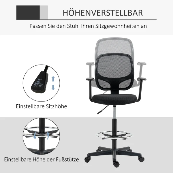 Ergonomische bureaustoel, draaistoel, tekentafelstoel, verstelbare voetring, tot 120 kg, zwart, 60x56x110 132 cm 5