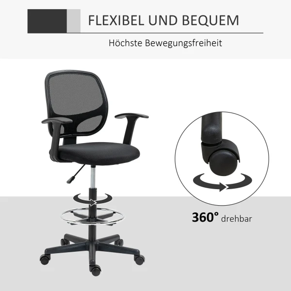 Ergonomische bureaustoel, draaistoel, tekentafelstoel, verstelbare voetring, tot 120 kg, zwart, 60x56x110 132 cm 7