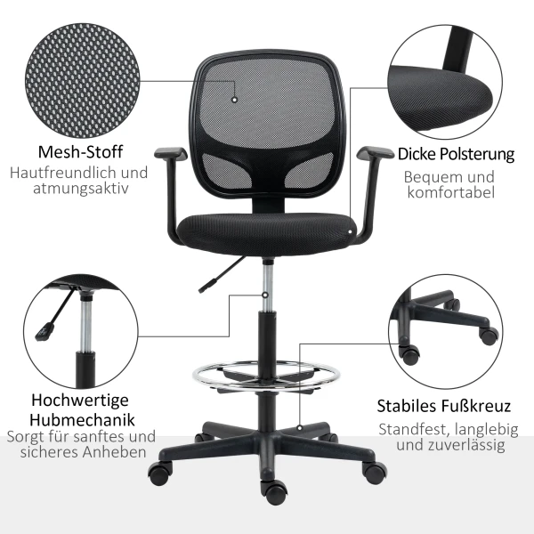 Ergonomische bureaustoel, draaistoel, tekentafelstoel, verstelbare voetring, tot 120 kg, zwart, 60x56x110 132 cm 8