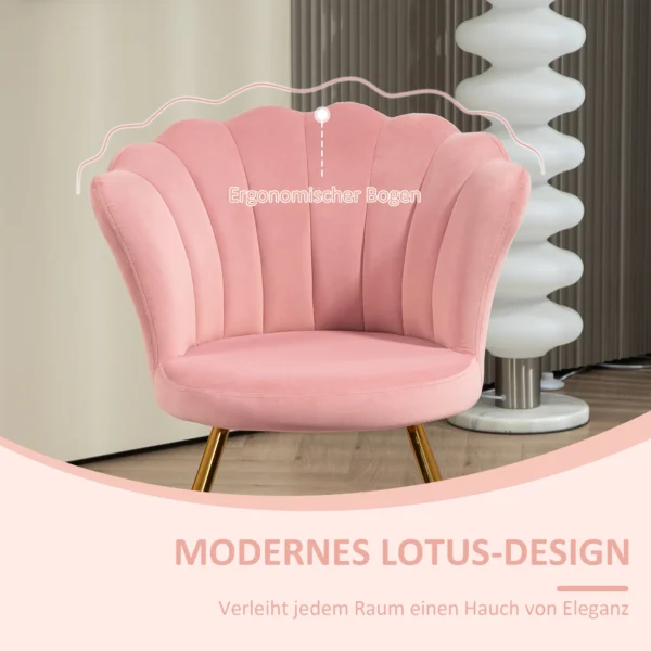Fauteuil loungefauteuil met armleuningen, metalen poten, relaxfauteuil met rugleuning in lotus design, fluweelachtig, gestoffeerde fauteuil voor woonkamer, slaapkamer roze 7