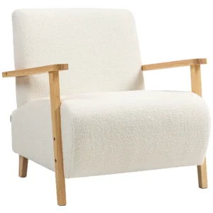 Fauteuil met rugleuning, armleuningen, gestoffeerde loungestoel met sherpa look, houten poten, voor slaapkamer, woonkamer, tot 120 kg, crèmewit 1