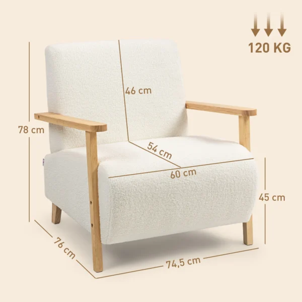 Fauteuil met rugleuning, armleuningen, gestoffeerde loungestoel met sherpa look, houten poten, voor slaapkamer, woonkamer, tot 120 kg, crèmewit 4