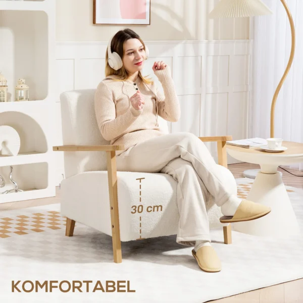 Fauteuil met rugleuning, armleuningen, gestoffeerde loungestoel met sherpa look, houten poten, voor slaapkamer, woonkamer, tot 120 kg, crèmewit 5