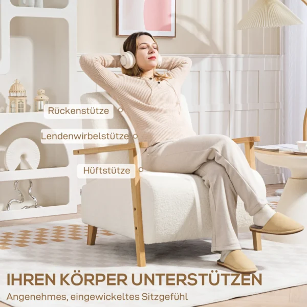 Fauteuil met rugleuning, armleuningen, gestoffeerde loungestoel met sherpa look, houten poten, voor slaapkamer, woonkamer, tot 120 kg, crèmewit 6