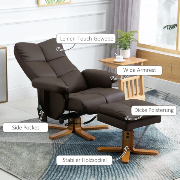 Fauteuil met voetensteun, 145° kanteling, relaxfauteuil met massagefunctie, bruin 8