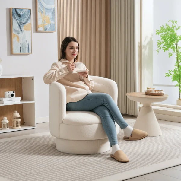 Fauteuil woonkamer draaibare relaxfauteuil met armleuningen, loungestoel leesstoel met sherpa uiterlijk, gestoffeerde stoel voor slaapkamer crèmewit 2