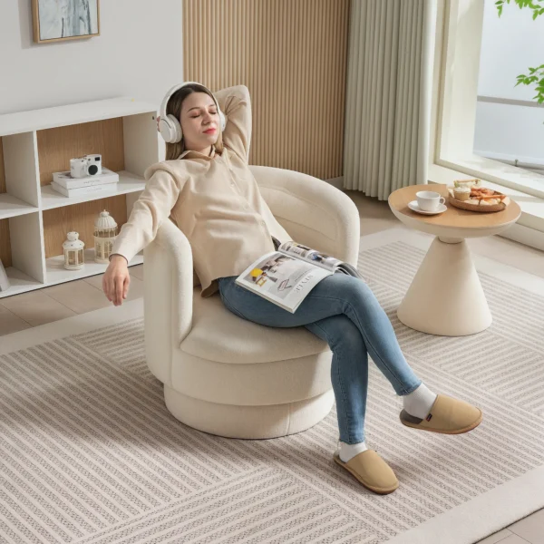 Fauteuil woonkamer draaibare relaxfauteuil met armleuningen, loungestoel leesstoel met sherpa uiterlijk, gestoffeerde stoel voor slaapkamer crèmewit 8