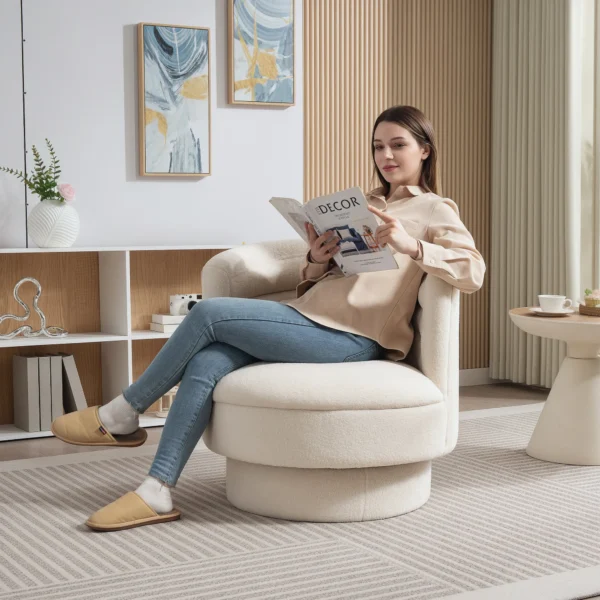 Fauteuil woonkamer draaibare relaxfauteuil met armleuningen, loungestoel leesstoel met sherpa uiterlijk, gestoffeerde stoel voor slaapkamer crèmewit 9