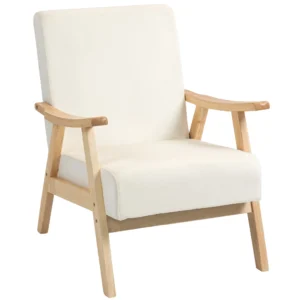 Fauteuil woonkamer scandinavisch relaxfauteuil met armleuning, zitkussen, gestoffeerde loungestoel met houten frame, armleuningsstoel met fluweel look, gestoffeerde stoel voor slaapkamer crème wit 1