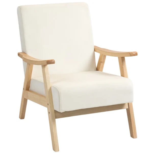 Fauteuil woonkamer scandinavisch relaxfauteuil met armleuning, zitkussen, gestoffeerde loungestoel met houten frame, armleuningsstoel met fluweel look, gestoffeerde stoel voor slaapkamer crème wit 1