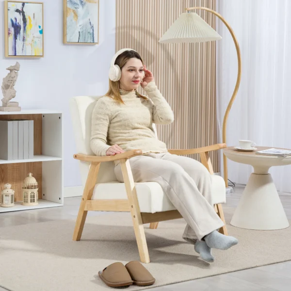 Fauteuil woonkamer scandinavisch relaxfauteuil met armleuning, zitkussen, gestoffeerde loungestoel met houten frame, armleuningsstoel met fluweel look, gestoffeerde stoel voor slaapkamer crème wit 2