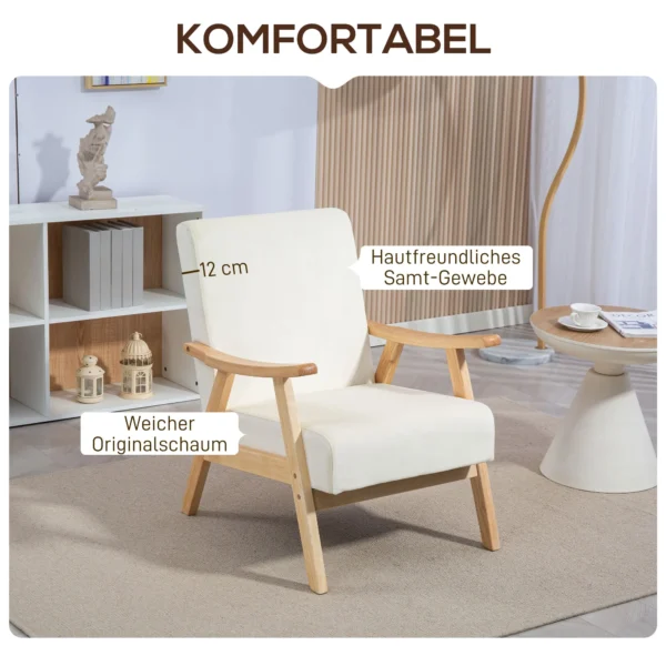 Fauteuil woonkamer scandinavisch relaxfauteuil met armleuning, zitkussen, gestoffeerde loungestoel met houten frame, armleuningsstoel met fluweel look, gestoffeerde stoel voor slaapkamer crème wit 5