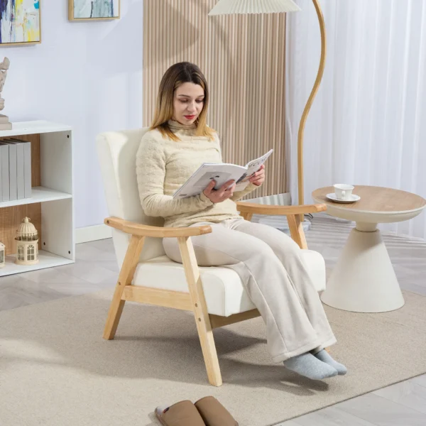 Fauteuil woonkamer scandinavisch relaxfauteuil met armleuning, zitkussen, gestoffeerde loungestoel met houten frame, armleuningsstoel met fluweel look, gestoffeerde stoel voor slaapkamer crème wit 7
