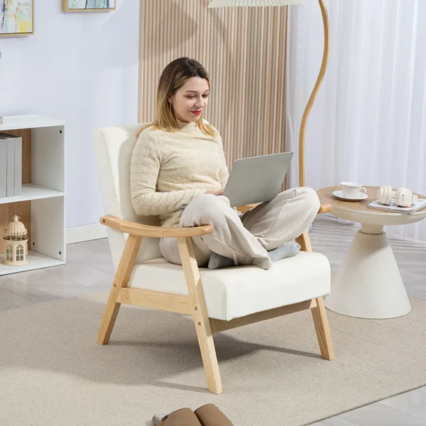 Fauteuil woonkamer scandinavisch relaxfauteuil met armleuning, zitkussen, gestoffeerde loungestoel met houten frame, armleuningsstoel met fluweel look, gestoffeerde stoel voor slaapkamer crème wit 8