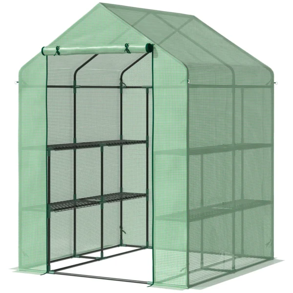 Foliekas begeleidbare kas met 8 planken voor tomaten, staal & pe kunststof, groen, met deur voor optimale plantenverzorging 1