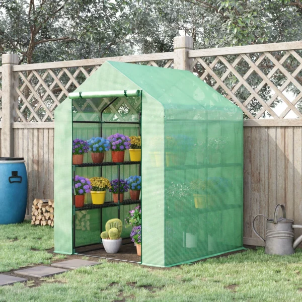 Foliekas begeleidbare kas met 8 planken voor tomaten, staal & pe kunststof, groen, met deur voor optimale plantenverzorging 2