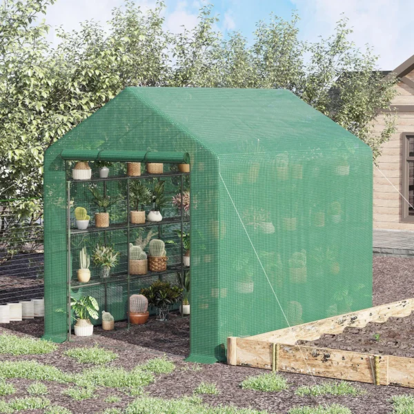 Foliekas bevaarbaar broeikas met 8 plankniveaus, tomatenkas met deur, groen, gemaakt van staal & pe kunststof 2