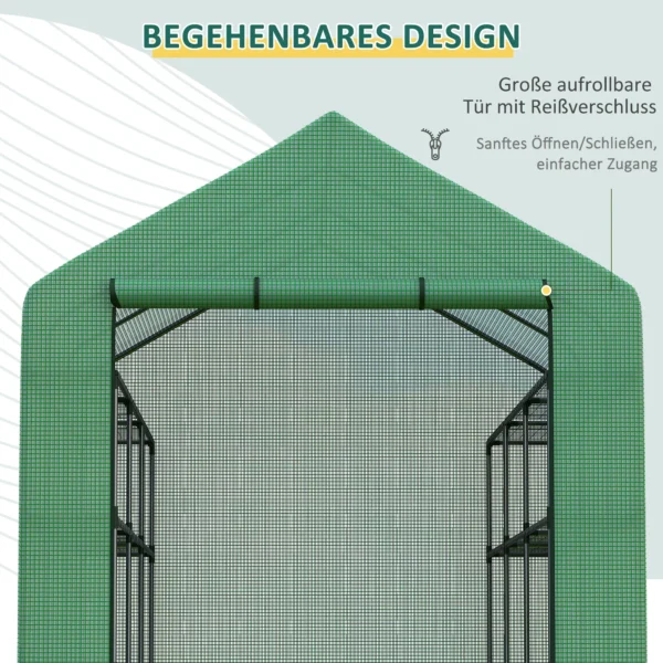 Foliekas bevaarbaar broeikas met 8 plankniveaus, tomatenkas met deur, groen, gemaakt van staal & pe kunststof 6