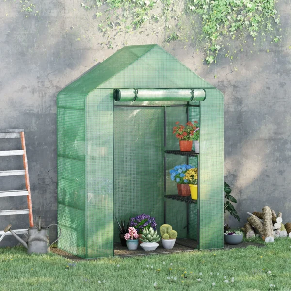 Foliekas bevaarbaar tuinhuisje met 6 planken, broeikas voor planten, met oprolbare ingang, groen 2