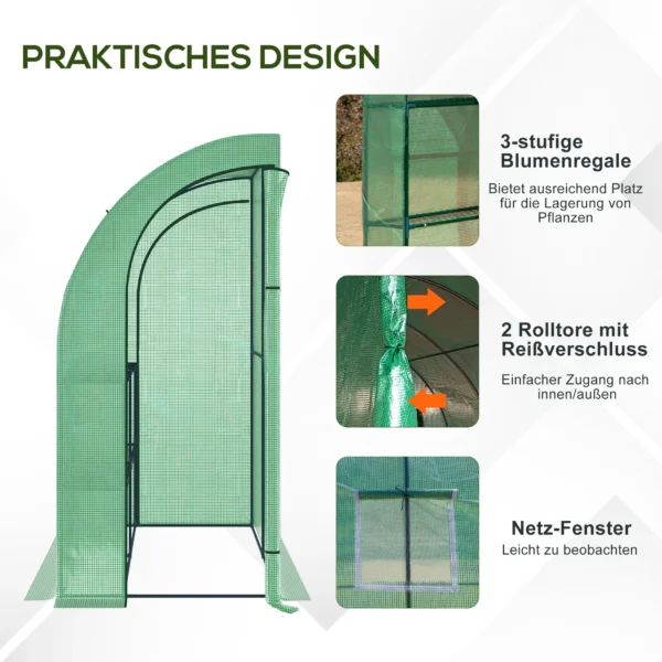 Foliekas kweekkas 200 x 100 x 215 cm met 2 deuren, uv bescherming, staal & pe voor plantenkweek, groen 7